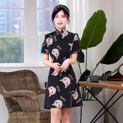Summer cheongsam young girl Pink cat print black color Chinese style dress