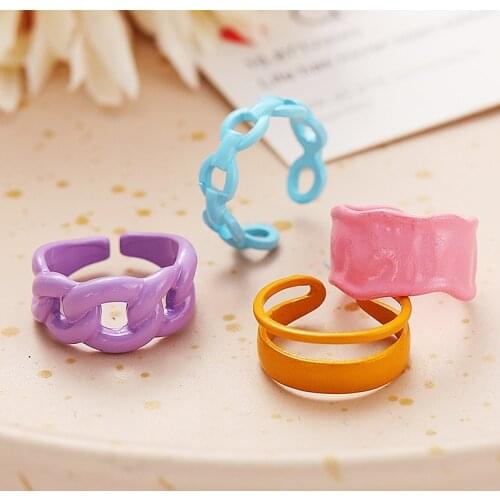 Chunky Creative Macaron Candy Colorful Hyperbole Geometric Metal Enamel Chain Open Rings for Women Girl Finger Ring Jewelry New