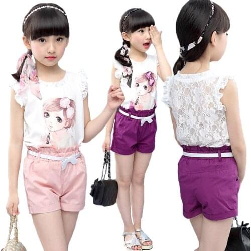 Summer Cool Girls Clothing Set 2021 New Fashion Cartoon Girl Lace Short Sleeve T-shirt + Pants 2Pcs Suit For 3-9 Years Old Kids