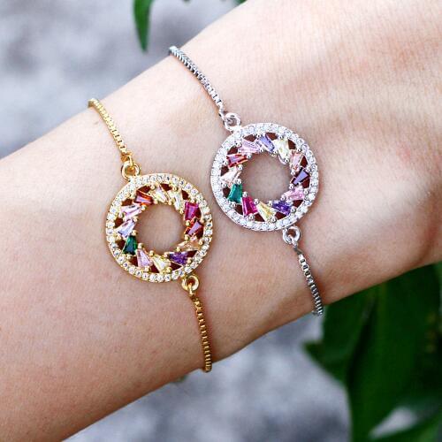 New Trendy Bracelet Women Copper Micro Pave Rainbow CZ Cubic Zirconia round Charm Bracelets for Women Chain Jeweley Adjustable