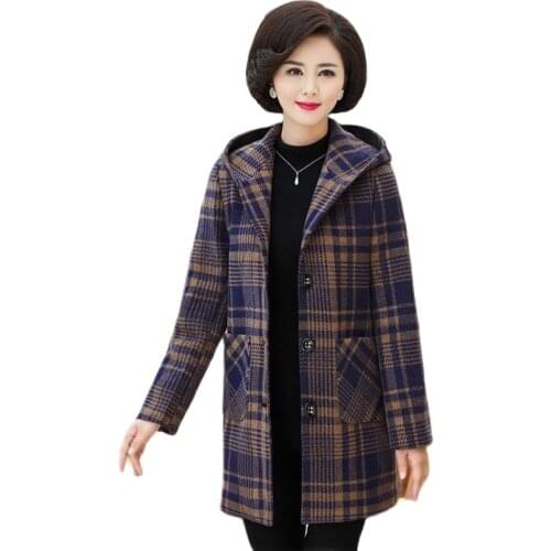 Fashion Autumn Winter clothing Tops New Hooded lattice Woolen coat elegant women coats plus-size Long sleeve womens coats 1815
