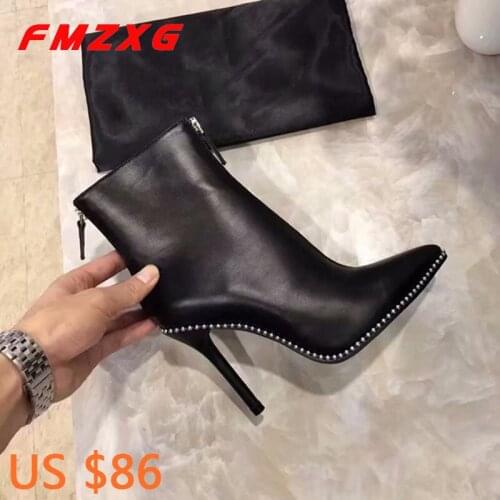 Womens Sexy Heels High Boots Pointed Toe Thin Heels Fashion String Bead High Quality Genuine Leather Luxury Brand Short Boots