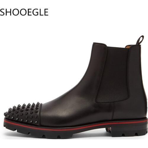 SHOOEGLE Handmade Leather Chelsea Spike Boots Mens Ankle Rivet Boots Elastic Band Round Toe Low-heeled Shoes EU39-EU46