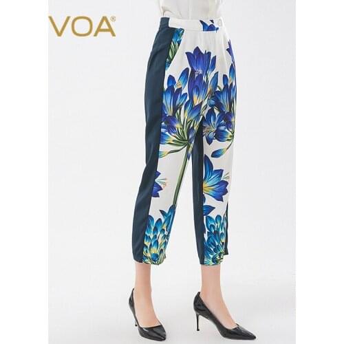VOA 36m/m Silk Natural Waist One Button Mix Material Stitching Slanting Pockets Casual Capri Harem Pants New Style K1297