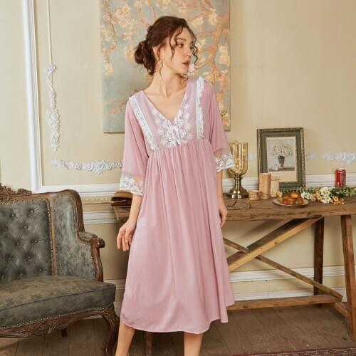 2021 Spring Summer Retro Court Sexy Lace V-neck Nightdress Womens Autumn Pure Color Knitted Cotton Long Home Wear Nightdress