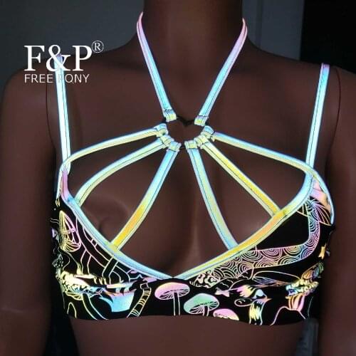 Handmade Plus Size Women Rainbow Reflective Mushroom Sexy Heart Ring Strappy Halter Top Rave Festival Pole Dance Clothing