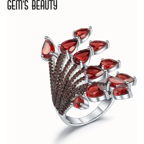 GEMS BEAUTY 925 Sterling Silver Natural Pear Cut Garnet Jewelry Rings For Women Hand Bone Coral Handmade Adjustable Open Rings