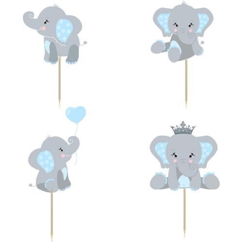 24pcs /Lot Elephant Theme Cupcake Toppers Cartoon Blue Pink Baby Shower Cake Decoration For Wedding Kids Birthday Party