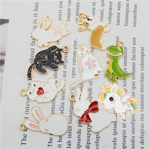 Julie Wang 5/9PCS Enamel Animal Charms Cat Dog Rabbit Dinosaur Alloy Gold Tone Necklace Bracelet Jewelry Making Accessory