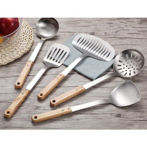 5pcs/set Wood Handle Stainless Steel Non-stick Cooking Utensil Set Spoon Shovel Spatula Ladle Turners Kitchen Utensil Set PK 004