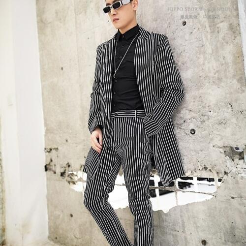 5xl Mens Suits With Pants Black And White Pinstripe Long Suit Nightclub Tide Male Hair Stylist Suit Stage Costumes For Singers