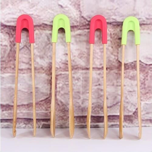 Bamboo Food Toaster Tongs Wooden Salad Cake Snack Clip Grip Silicone Handle Bread BBQ Tongs Kitchen Tools Clamp Cooking Utensils