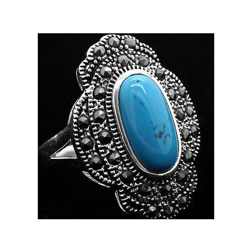 FREE SHIPPING>>>@@ 24*16mm Vintage Style Blue stone 925 Sterling Silver Marcasite Ring Size 7/8/9/10