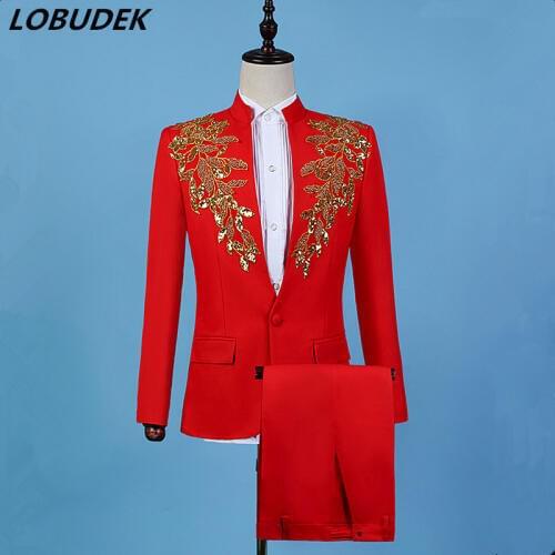 Adult Golden-red Sequins Beads Blazers Mens Suits Singer Chorus Host Stage Clothes Wedding Groom Formal Suit Fashion Costume