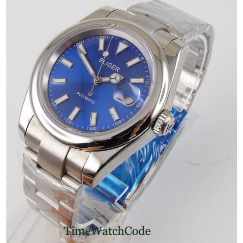 36mm Genuine Miyota 8215 Automatic Mens Watch Sapphire Glass Date Blue Dial Oyster Bracelet Luminous Dial Polished Bliger