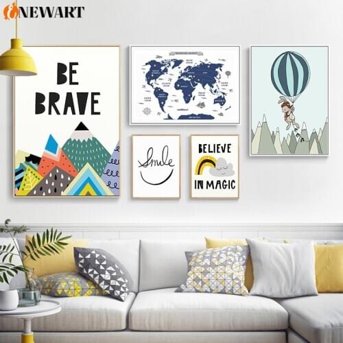 Kids Room Cartoon Wall Art Child Bedroom Poster World Map Canvas Painting Travel Adventure Decoration Picture Unframe Decor Art