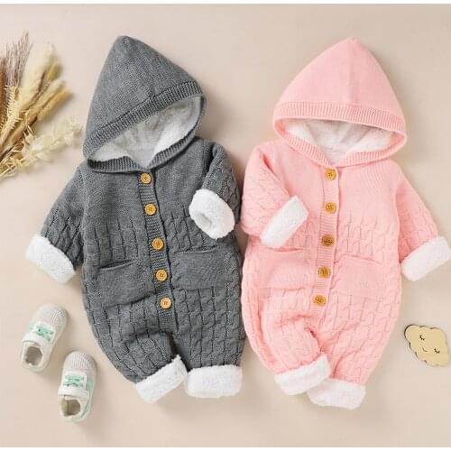 Infant Baby Girls Boys Winter Warm Hooded Jumpsuit Solid Color Long Sleeve Button Down Cable Knit Solid Romper