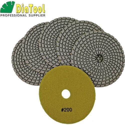 DIATOOL 6pcs 125MM G200# Diamond Flexible Wet Polishing Pad For Stone, White Bond, Spiral type Dia5" Free-shipping
