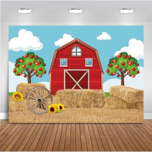 Cartoon Farm Orchard Warehouse Haystack Sunflower Wood Wheel Scene Child Party Photocall Photography Backdrop Photo Background