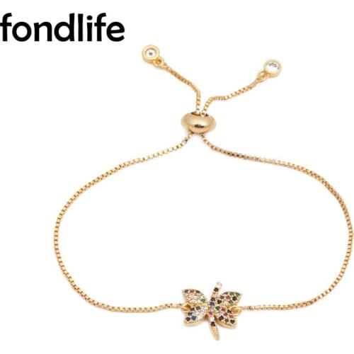 Colorful Cubic Zirconia Crystal Gold-plated Butterfly Charm Bracelet Women Girl Cute Small Animal Brass CZ Chain Pull Jewelry