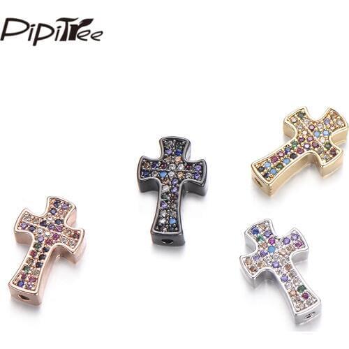 Pipitree 4pcs/lot Multi Micro Paved CZ Zircon Beads Copper DIY Cross Beads Spacer Charms for Bracelet Jewelry Making Accessories