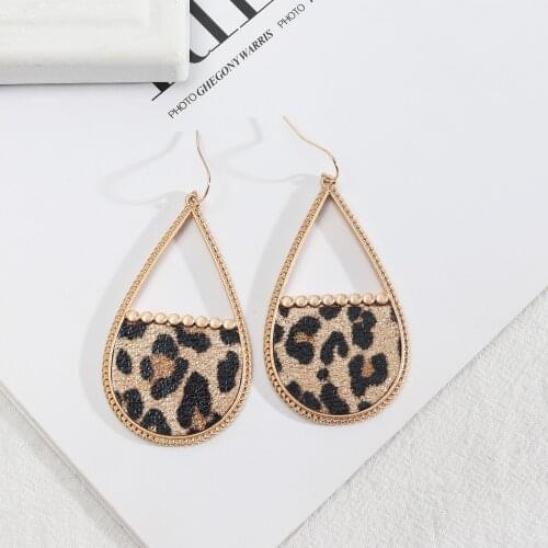 Fashion Pink Teardrop Frame PU Leather Charm Fishscale Leopard Print Earrings Gold Dangle European America Brand Jewelry Women