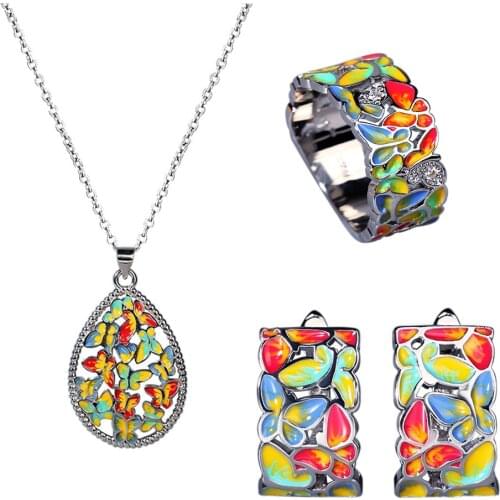 925 Silver Set For Women Color Handmade Enamel Butterfly Ring Jewelry Womens Jewelry Set Ring Necklace Earrings Womens Jewelry