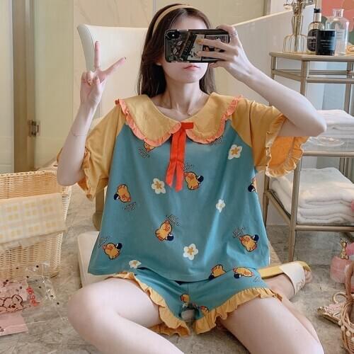 Pajama Sets Women Short Sleeve Colorful Sweet Loose Sleepwear for Ladies Breathable Casual Round Neck Pyjamas Summer Lounge