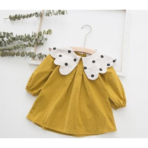 2 3 4 5 6 Y Baby Girls Dress Kids Cotton Long Sleeve Dress Autumn Casual Korean Polka Dot Petal Collar Toddler Dress for Girl
