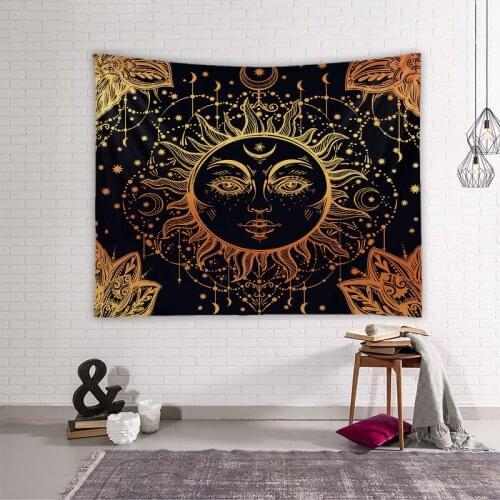 Psychedelic Tarot Astrology Witchcraft Golden Black Sun Moon Mandala Tapestry Wall Hanging Dorm Decor Art Celestial Wall Cloth
