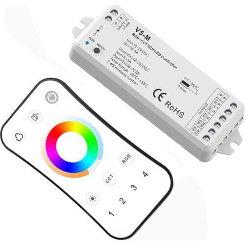 New Led RGBCCT Strip Controller 2.4G RF Remote Wireless 4A 5 Channel Output DC12V-24V 4 zone RGB CCT String Ribbon Control Use