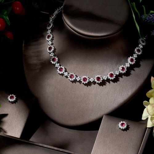 HIBRIDE Luxury Red Color Round Shape AAA+ Cubic Zirconia Fashion Jewelry Set For Bridal Wedding Jewelry Dress parure bijoxN-1354