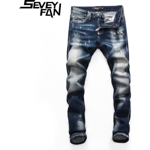 SEVEYFAN Skull Embroidery Painted Jeans Mens Distressed Washed Ripped Pencil Denim Trousers
