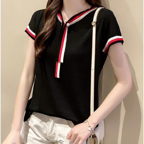 Thin Black White Short Sleeve Sweater Knitted V Neck Soft High Elasticity Pullover Cute Korean Fashion Clothing For Womens 2021