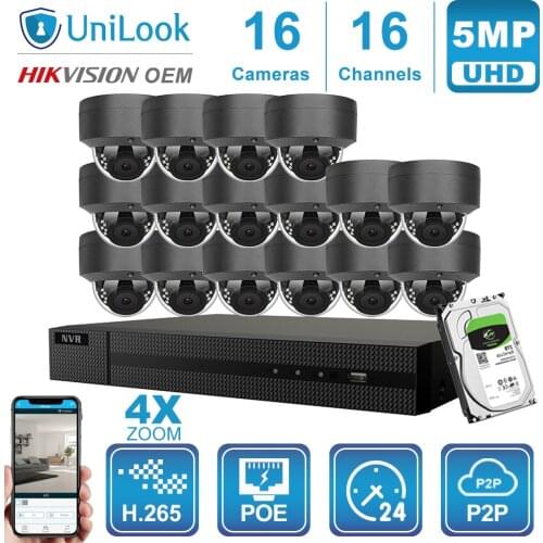 UniLook 16CH NVR 8/10/12/16Pcs Gray 5MP 4X Zoom Dome POE IP Camera Hikvision OEM H.265 Security Outdoor CCTV NVR Kits With HDD