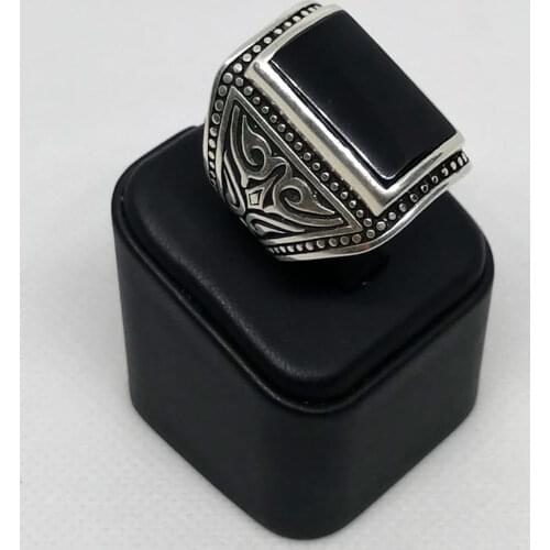 Vintage Big And Heavy Ring Natural Turquoise And Onyx Stones Real Pure 925 Sterling Silver For Men Patterned Handmade