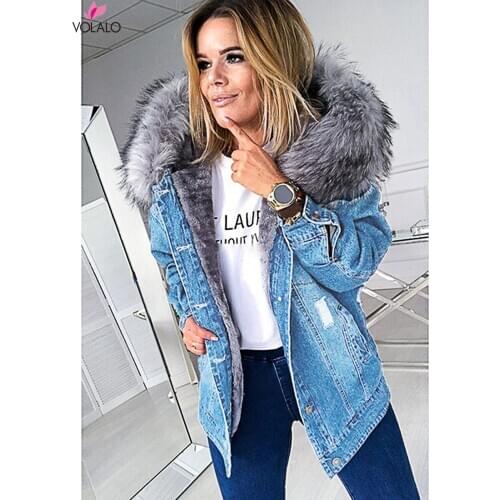 Womens Denim Jacket Warm Faux Fur Oversized Outerwear Hooded Female Clothing For Autumn Winter Button Down Long Sleeve Coat