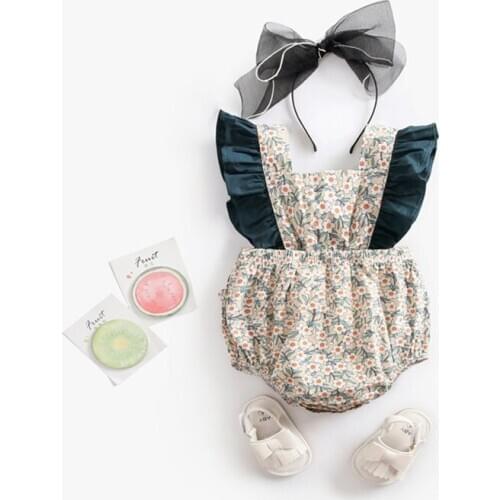 Female Baby Girl One-piece Fashion Flying Sleeve Romper Summer Clothing Floral Printing Color Matching Sleeveless Baby Clothes