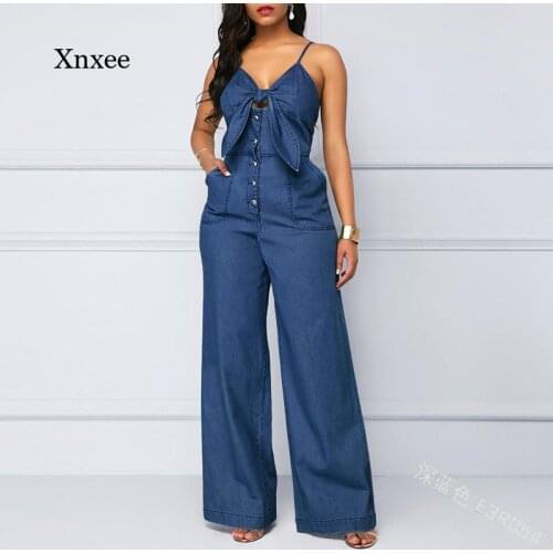 2021 Summer Romper Womens Denim Jumpsuit Sexy High Waist Wide Leg Long Pants Front Tie Knotted Jeans V-Neck Overalls Clothing