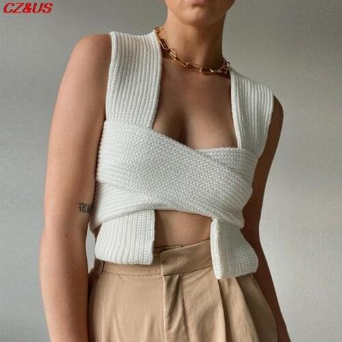 Sexy jumper 2021 Fall Summer Fashion Sleeveless Knitted Crop Sweater Pure Color Vest Casual White Tops Sweater Female Streetwear