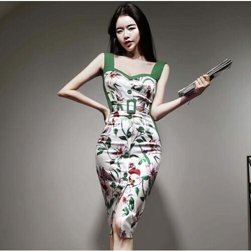 New arrival fashion korean style beach dress women elegant summer sexy strap temperament OL print bodycon pencil dress