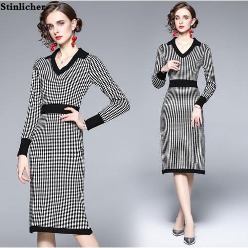 Vintage Polka Dot Striped Sweater Knitted Dress Women Autumn Winter Long Sleeve Bodycon Pencil Dress Elegant Work Midi Dresses