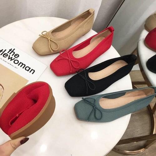 New Women Flats Ballet Shoes Breathable Knitted Square Toe Moccasin Mixed Color Flat Ballerina Butterfly Bow Colorful Red Shoes