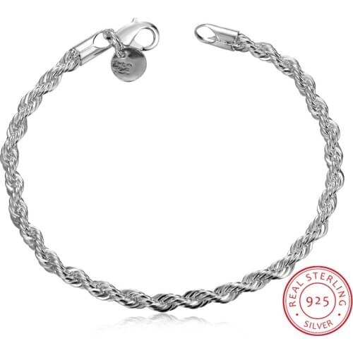 Real Original 925 Silver Bracelets Simple 4mm twist Rope Chain Bracelets Bangle For Men Women Jewelry Gift Good Quality