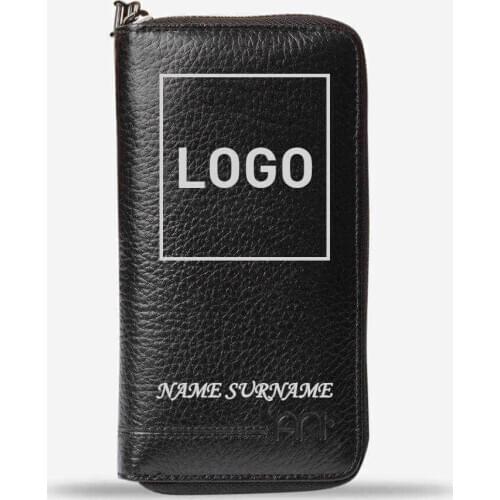 Customisable Genuine Leather Unisex Big Long Zipper Wallet Personalised Mens Wallet Zip-Around Wallet Card Holder