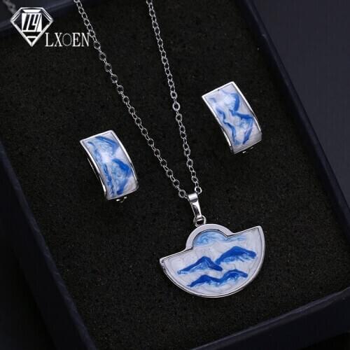 LXOEN Wave Pattern Blue and White Porcelain Set Necklace Earrings Fresh Jewelry Set Hoops Earrings Pendant Set Fashion Gift