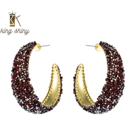King Shiny Elegant Rhinestone C Shape Hoop Earrings Simple Geometric Round Circle Statement Earrings Female Ear Jewelry Brincos