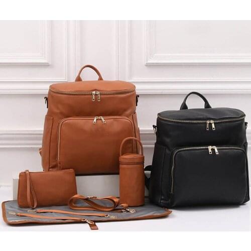Leather Diaper Bag Backpack Travel Carry Packet Nappy Baby Bag with Stroller Hanger Thermal Pockets Adjustable Shoulder Straps