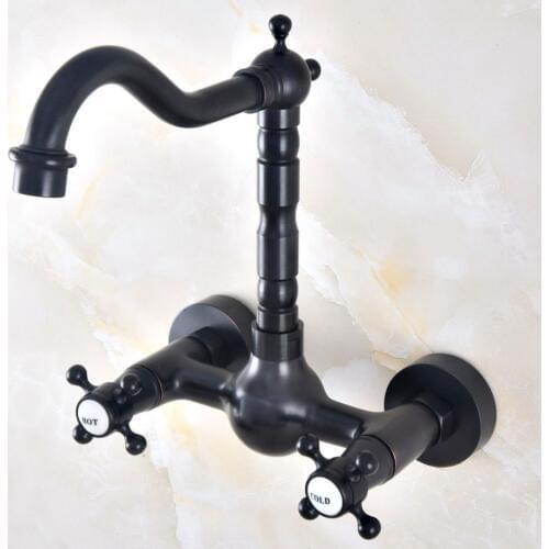 Black Oil Rubbed Antique Brass Bathroom Kitchen Sink Basin Faucet Mixer Tap Swivel Spout Wall Mounted Dual Cross Handles mnf464