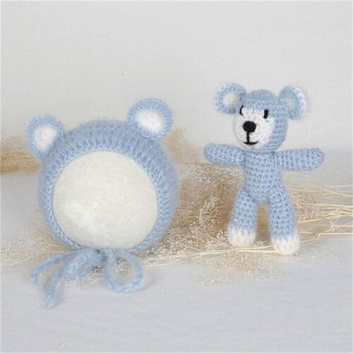Crochet mohair baby bonnet Newborn baby bonnet hat with toy set photo props Baby kitten hat matching toy photography props